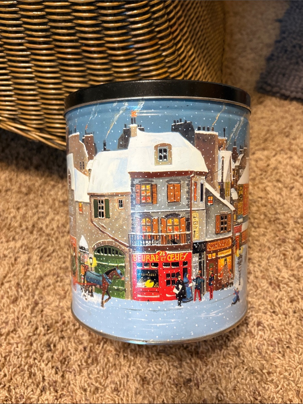 Holiday winter village theme tin